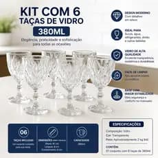Kit 6 Taças Diamante Luxo 380 ml Vidro Resistente Elegante Para Vinho Água Mesa Posta