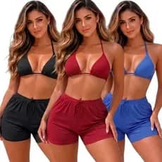 Kit Saida de Praia Biquini Cortininha de Amarrar Forro Duplo Zero Transparencia + Short Canelado Tendencia Verão