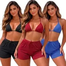 Conjunto Feminino Saida de Praia Biquini + Short Moda Praia  Piscina Caminhada Beira Mar Tendencia Verão