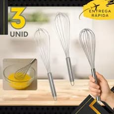Kit 3, 2,1 - Batedor de Ovos, Fouet Massa Bolo Sobremesa Restaurante Casa Cabo Reforçado Confeitaria