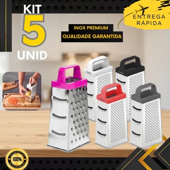Kits 3 ou 5 un - Ralador 4 Faces em Aço Inox com Fatiador de Legumes