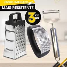 Kit 3 ou 1 un - Descascador Cortador De Legumes + Ralador 4 Faces Lâminas Inox + Amassador Alho Triturador