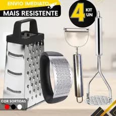 Kit 4 ou 1 un -  Descascador Cortador De Legumes + Ralador 4 Faces Lâminas Inox + Amassador Alho + Amassador de Batata
