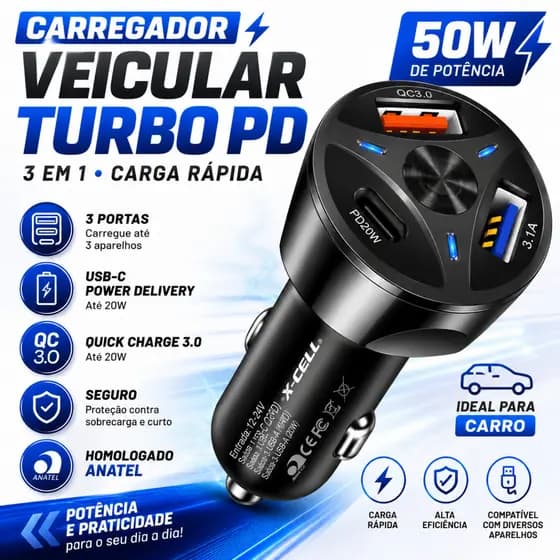 Carregador Veicular Usb Turbo 3.1a Usb-c 3 Saídas 50w Fast Carro 3 em 1 Preto