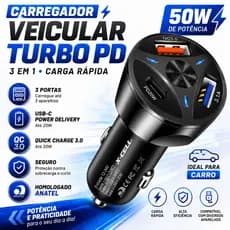 Carregador Veicular Usb Turbo 3.1a Usb-c 3 Saídas 50w Fast Carro 3 em 1 Preto