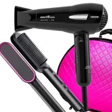Kit Mini Secador De Cabelo Britania 1200w Ion Pequeno Viagem Dobravel Escova Alisadora Secadora 2 Em 1 Bivolt Com Maleta