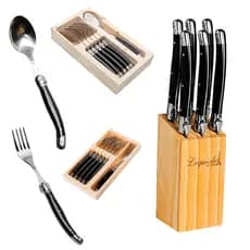 Conjunto De Talheres Garfo Faca Colher Luxo 18 Peças Aço Inox Cepo De Madeira Laguiole La Tour