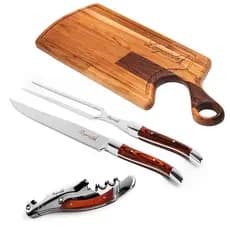 Kit Churrasco Tabua De Madeira Com Faca, Garfo e Saca-Rolhas Aço Inox Linha Premium LAGUIOLE LA TOUR
