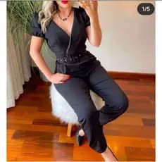 Macacão Manga Bufante Princesa Longo Feminino em Alfaiataria Cinto Decote V Manga Longa Moda feminina