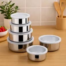 Kit 5 Tigela Pote Armazenar Vasilha Cozinha Tampa Marmita Conserva Recipiente Bacia Alumínio Inox