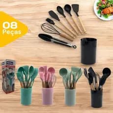 Conjunto de Utensilios Domésticos para Cozinha Silicone Cabo de Madeira Kit 8 Peças