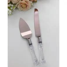 Conjunto 2 peças Bolo Aço Inox Cabo Plástico Bambu Transparente Faca Espátula Bolo