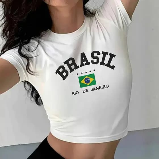 Camiseta Cropped Slim Feminina 100% Algodão Estampada Brasil Rio de Janeiro para Copa do Mundo 2026 Moda