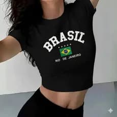Camiseta Cropped 100% Algodão Slim do Basil Rio de Janeiro para Copa do Mundo 2026 Moda Verão Preto Branco Azul Marinho