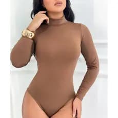 Body Feminino Manga Longa Liso Suplex Bori Gola Alta Elegante Tendência