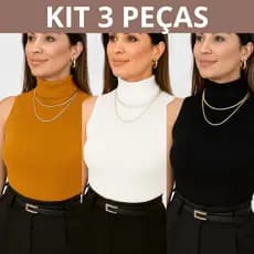 Kit 3 Blusas Feminina Garrafinha Tricot Regata Gola Alta Moda Blogueira