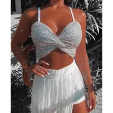 Cropped Feminino Paetê Brilho Top Festa Balada Ano Novo Natal