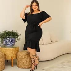 Vestido Feminino Plus Size Ombro a Ombro Midi Elegante Moda Verão 2025 G1 G2 G3