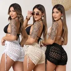 Kit 3 Short Saida De Praia Crochê Cordao Ajustavel Trico Banho Verão Mar Piscina