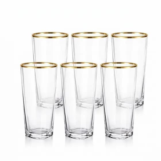 Jogo 6 Copos Transparente 280ml Vidro Borda Dourada para Água e Suco Drinks - Pisa