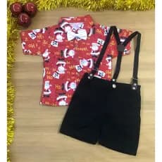 Camisa Social Infantil de Natal Bermuda Brim Infantil com Suspensório Roupa de Natal Papai Noel Fantasia temática natal