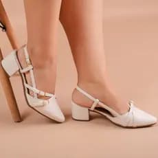 Sapato Feminino Slingback Scarpin Social Tiras Fivela Bico Fino Verniz Salto Baixo Bloco Confortável Boho