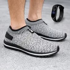 Tenis Meia Masculino Slip On Calce Fácil Elástico + Relógio