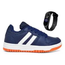 Tênis Casual Infantil Menino Dia A Dia Listras + Relógio Led