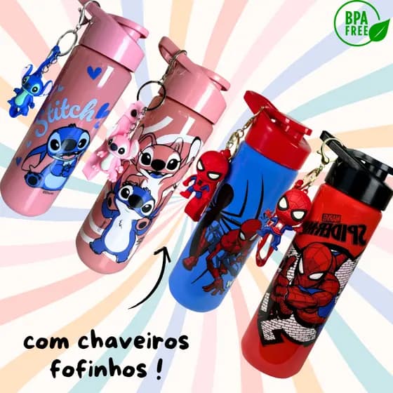 Garrafinha Infantil Homem-Aranha |Harry Pother | Stitch 700ml com Chaveiro Alça superior