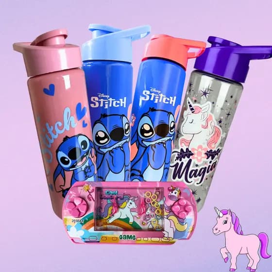 Garrafinha Stitch 700ml Infantil Escolar + Brinquedo Divertido Resistente ENVIO RÁPIDO