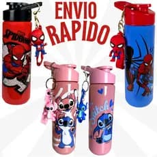 KIT Garrafinha +chaveiro Infantil 700ml Plasduram Stitch  Homem-Aranha BPA Free Escolar