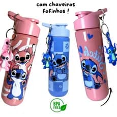 Garrafinha Infantil 700ml Stitch + Chaveiro BPA Free Escola Resistente Plasduran