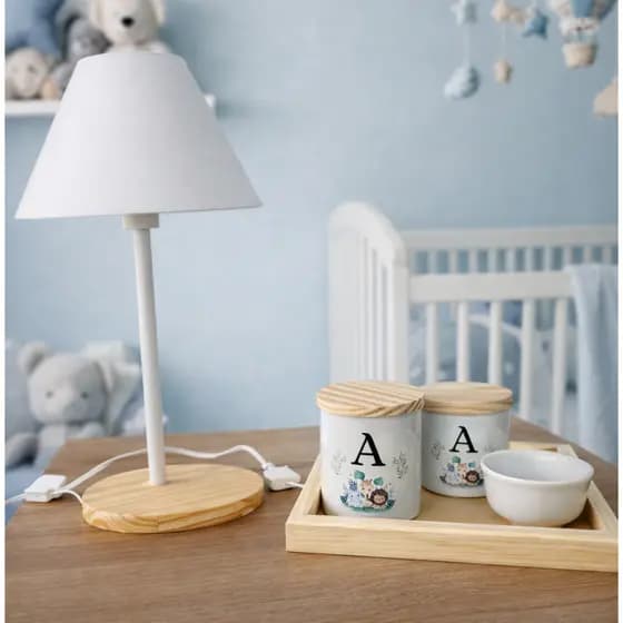 Kit Higiene Bebê com Abajur Incluso Porcelana Personalizado Menino com Bandeja Pinus | Decoração Quarto Infantil