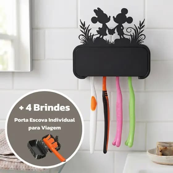 Porta Escovas de Dente Parede – Fixação Sem Furo – Suporte Para 4 Escovas + Fita Dupla Face Forte + 2 Brindes