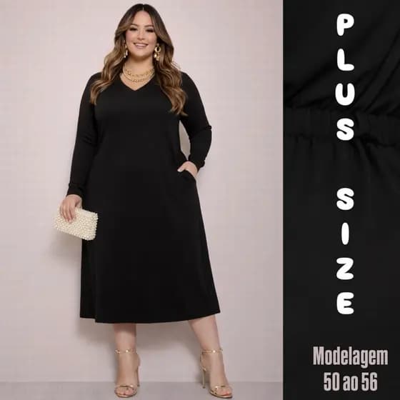 Vestido plus manga longa frio inverno feminino estiloso confortável preto liso culto chique igreja