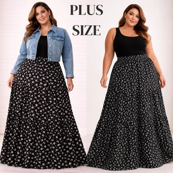 PLUS SIZE Saia longa feminina 3 marias babado fresca confortavel elegante lisa estampada floral
