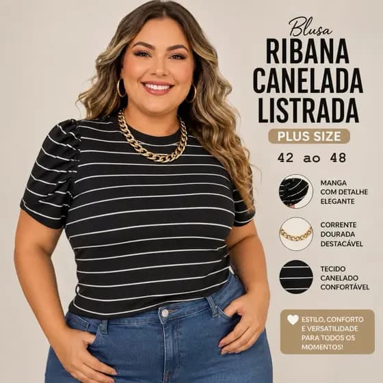 Blusa feminina plus size listrada corrente dourada colar ribaninha canelada estilosa chique preta