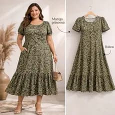 PLUS SIZE Vestido feminino básico manga dia dia curve osliso estampado igreja culto estiloso elegante