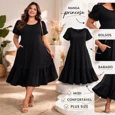PLUS SIZE vestido midi preto liso estampado liso poliamida bolso babado confortavel elegante