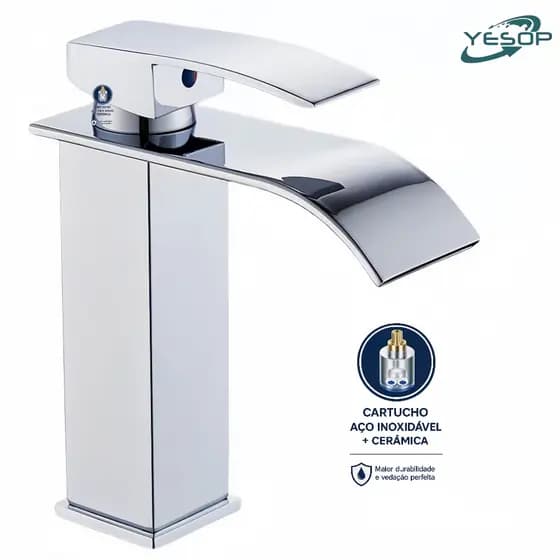 Torneira Banheiro Cascata Monocomando Misturador Bica Baixa 18cm Inox Cromada Yesop