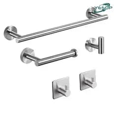 YESOP Kit Acessórios Banheiro 5 Peças Inox Escovada Toalheiro Suporte Para Papel Higiênico e Ganchos