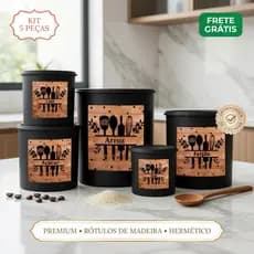 Kit 5 Potes Pretos Premium com Tampa e Rótulos de Madeira - Organizador de Cozinha Mantimentos