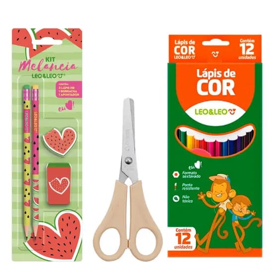 Kit Escolar Tematico Lapis De Cor 12 Cores + 2 Lapis + Apontador + Borracha - Leo e Leo