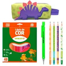 Kit Material Escolar Com Estojo Lapis De Cor 48 Cores Lapiseira Neon Lapis HB - Leo e Leo