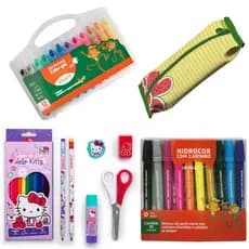 Material Escolar Hello Kitty Completo + Estojo Tematico + Giz de Cera Gel + Canetinha com Carimbo - Leo e Leo