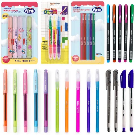 Kit 32 Canetas Variadas Com Cheirinho, Gel, Esferográfica Marca Texto Coloridas - Leo e Leo