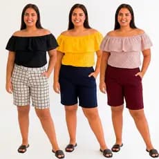 Kit 3 Bermuda Feminina Sortidas Cintura Alta Com Bolsos Frontais Comprida - Bermuda Feminina kit 3 Bermuda Sortidas