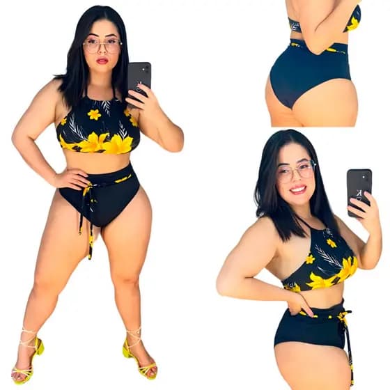 Biquíni Feminino Plus Size Hot Pants Top Faixa Cintura Alta Feminino Praia Verão Cropped - Moda Praia Piscina Biquíni