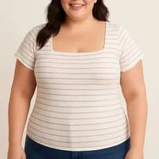 Blusa Feminina Plus Size Gola Quadrada Canelado Premium Com Manga Curta - Blusa Decote Quadrado