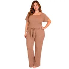 Conjunto Plus Size Feminino Canelado Elegante Calça Pantalona com Bolso e Blusa Social